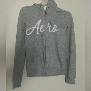 WOMANS MED AEROPOSTALE GRAY HOODIE SWEATSHIRT JACKET APPLIQUES RHINESTONE HEART